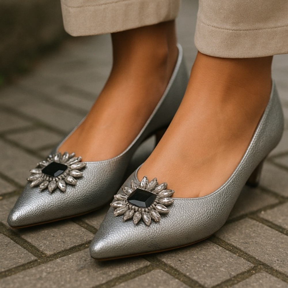 Staccato silver textured look with point toed glass sparkling adornment front!